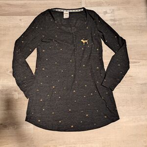 Victoria's Secret Black Thermal Gold Star "I've Been Good(ish)" Sleep Gown Sz XS